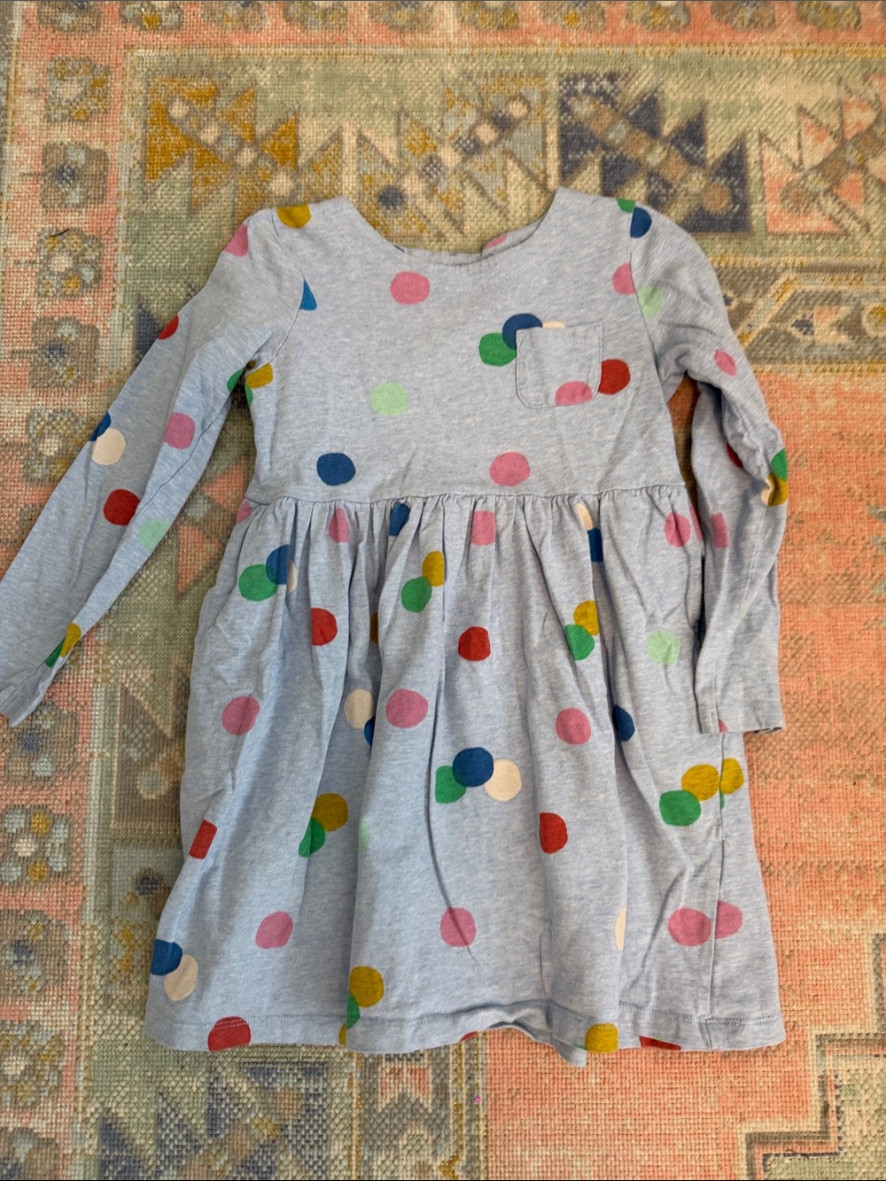 Mini Boden Grey Long-Sleeve Dress with Multicolor Polka Dots (7-8)